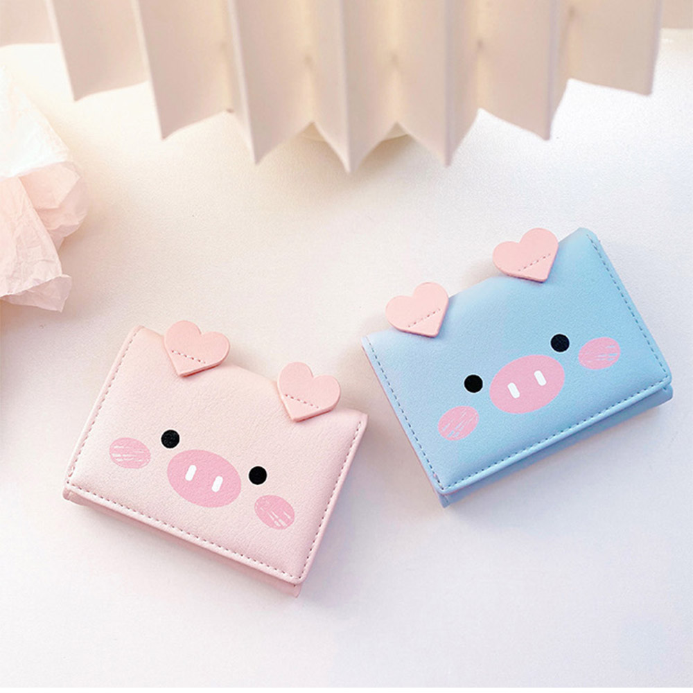 Ví cầm tay đựng tiền xu chất da PU hình lợn con kiểu 3 nếp gấp đáng yêu