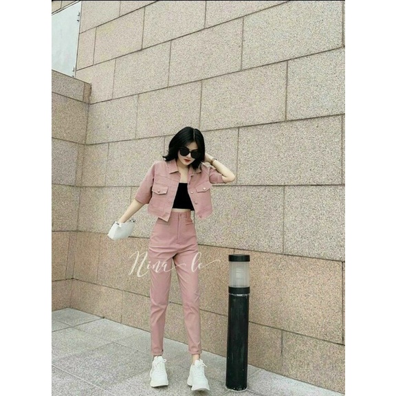 Sét bộ cá tính ống tay áo lửng quần dài 3 màu xanh nâu nhạt và hồng nhạt mặc trẻ trung cá tính