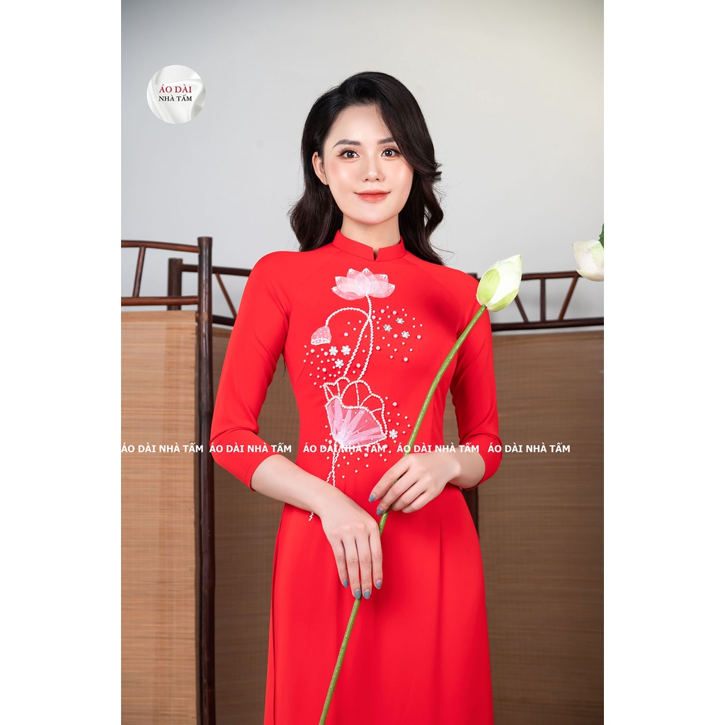 ÁO DÀI TRUYỀN THỐNG THÊU ĐÍNH HOA NỔI, LỤA CAO CẤP NHÀ TẤM - MÃ C2