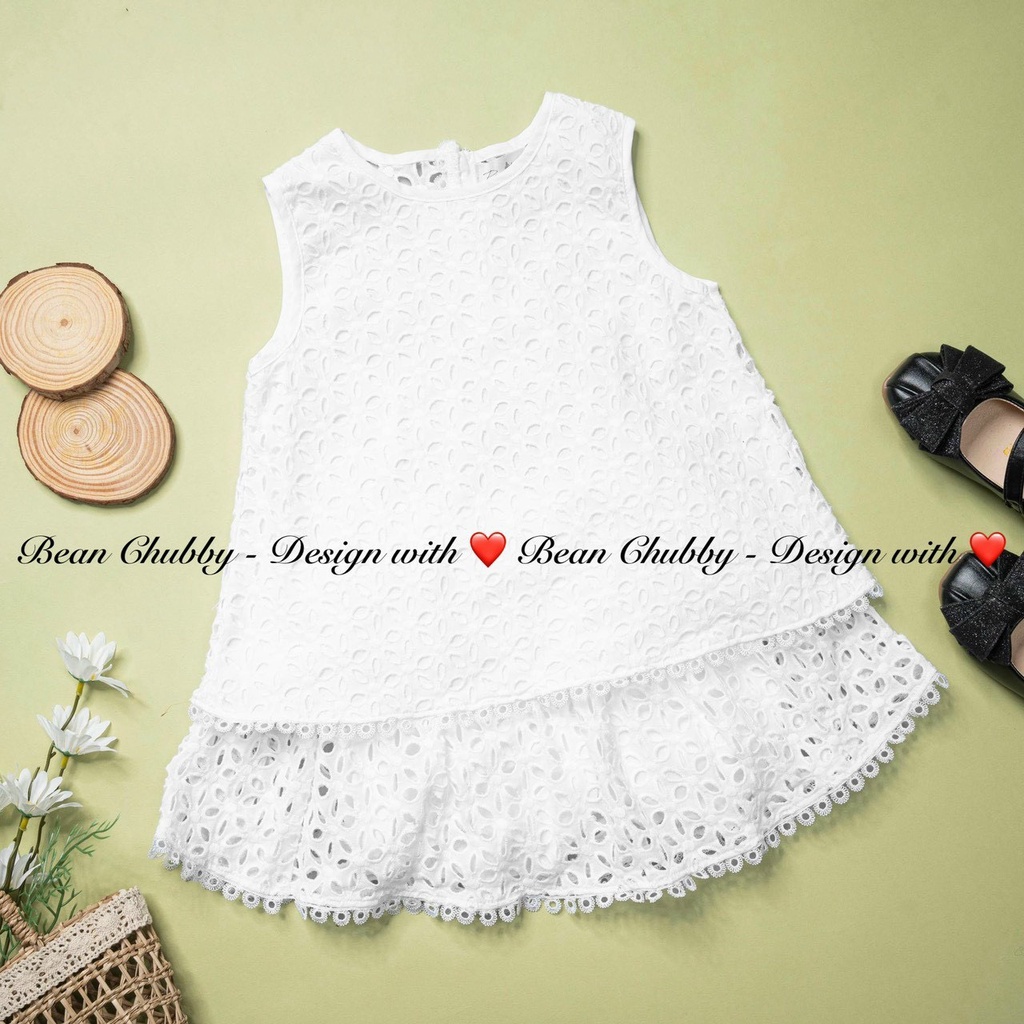 Set bộ thô thêu trắng bé gái công chúa tiểu thư cực xinh, cách điệu xẻ lưng 8-36kg