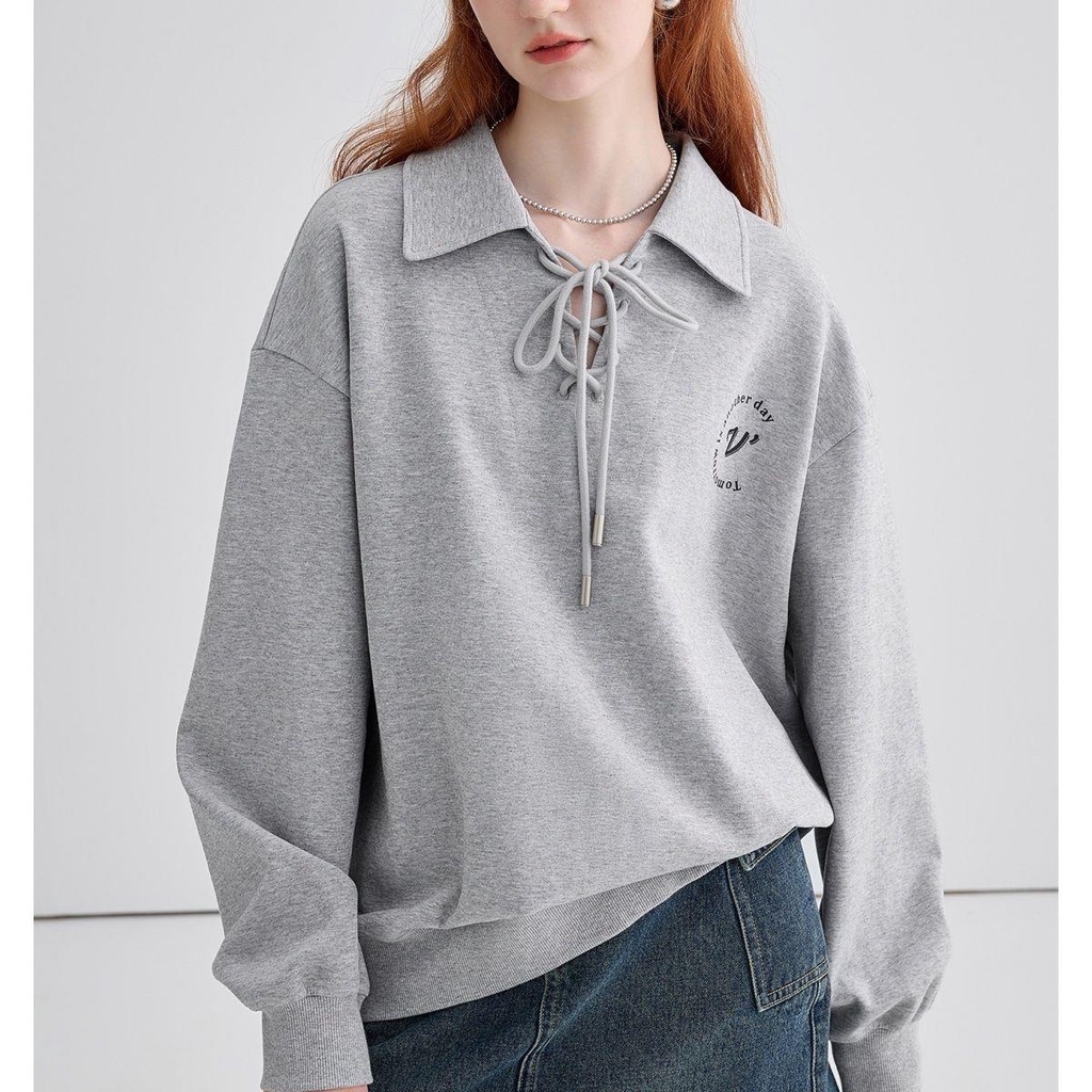 Áo sweater tay dài cổ polo cột dây dáng rộng in chữ thời trang mùa thu 2022