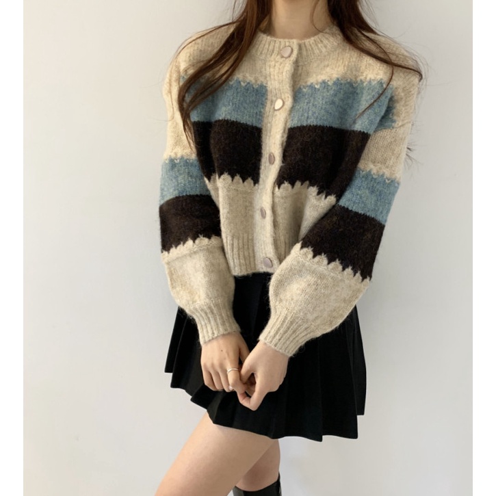Áo Khoác Cardigan Dệt Kim Tay Dài Họa Tiết Kẻ Sọc Phong Cách Retro Hàn Quốc Thời Trang Thu Đông Cho Nữ