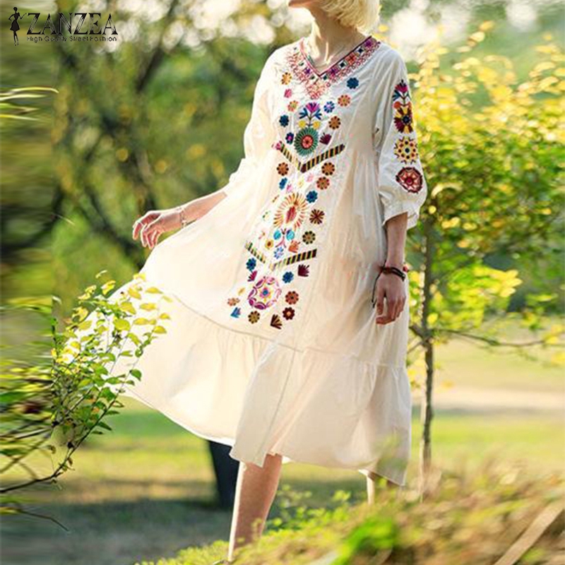 Đầm maxi ZANZEA dài tay cổ tim phong cách Bohemian dành cho nữ | BigBuy360 - bigbuy360.vn