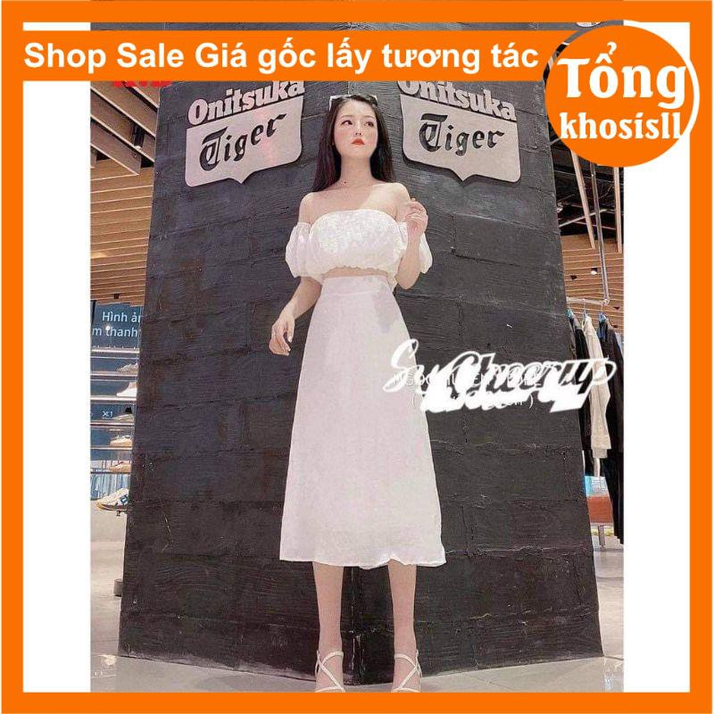 💝Sét váy đầm nữ gồm hai món áo trễ vai tay bồng 💝 chân váy trắng dài dáng vintage ulzzang freesize có lót trong