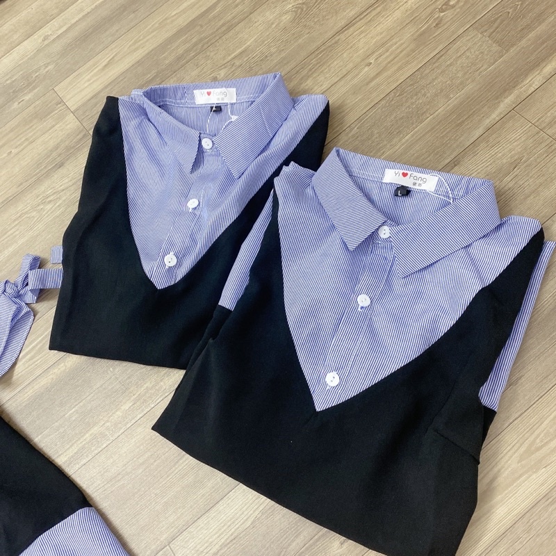 ÁO SƠ MI BẦU NGẮN TAY - Áo bầu công sở pha kẻ tay nơ có sẵn tại shop Oanhltk