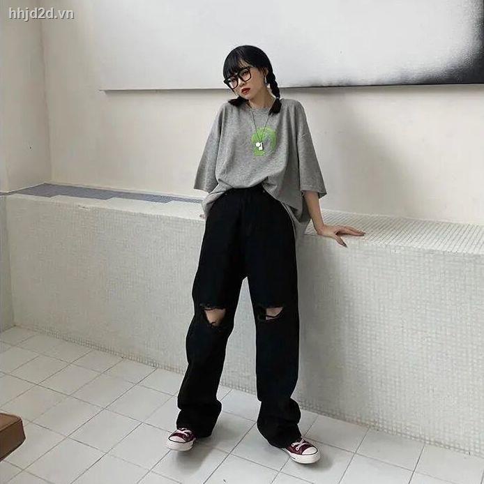Quần jean lưng cao ống rộng thời trang Harajuku mùa xuân thu 2021 năng động cho nữ