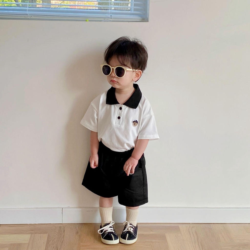 Đồng phục cho bé, set cặp chị em cổ trụ thêu mặt gấu cho bé trai bé gái