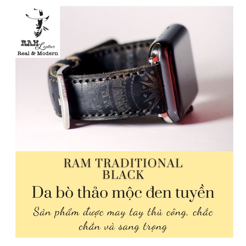 Dây Apple Watch , iWatch , iphone Watch da bò Italia Vegtan khắc Trống Đồng Việt Nam màu đen RAM Leather