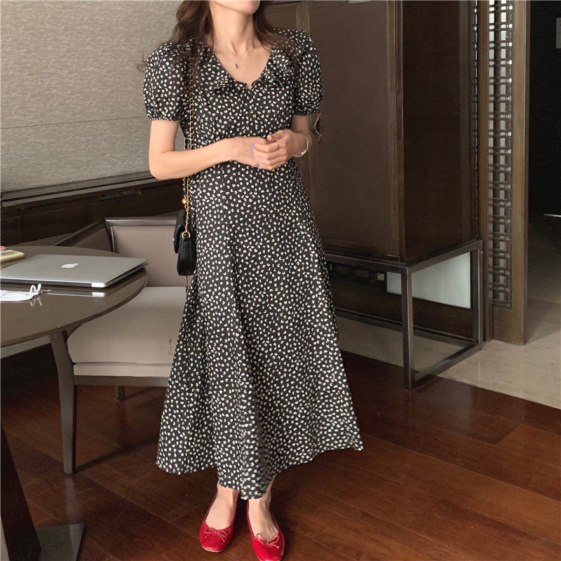 Đầm Hoa Tay Phồng Cổ Chữ V Phong Cách Retro Hàn Quốc 44024