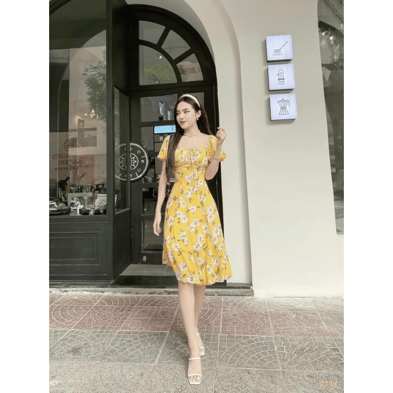Đầm Hoa Lụa Ngực Xếp Ly Dự Tiệc Phối HỢp CÔng Sở Sang Chảnh PU hhp (Mẫu Mới)