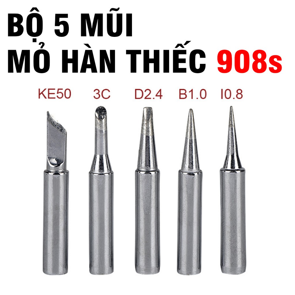 Mũi hàn thiếc 900M gồm 5 chiếc khác nhau bằng đồng cao cấp cho mỏ hàn tay 908