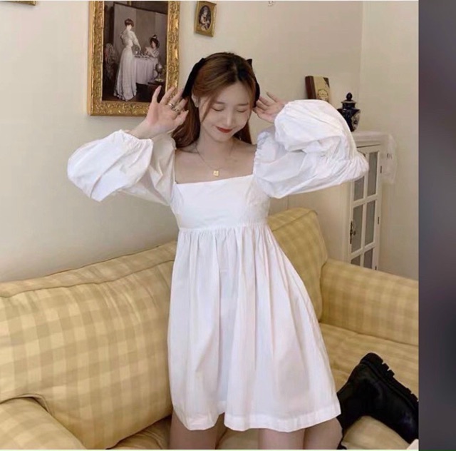 ĐẦM TRẮNG CỔ VUÔNG TAY BO | BigBuy360 - bigbuy360.vn