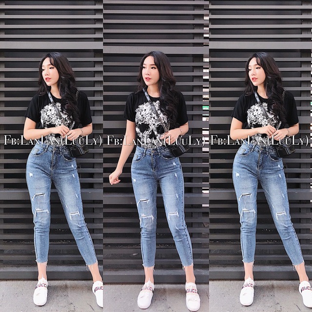 [40kg~90kg] Quần jean dài 9 tấc size đại co dãn mạnh lưng cao, rách vá đắp 2436