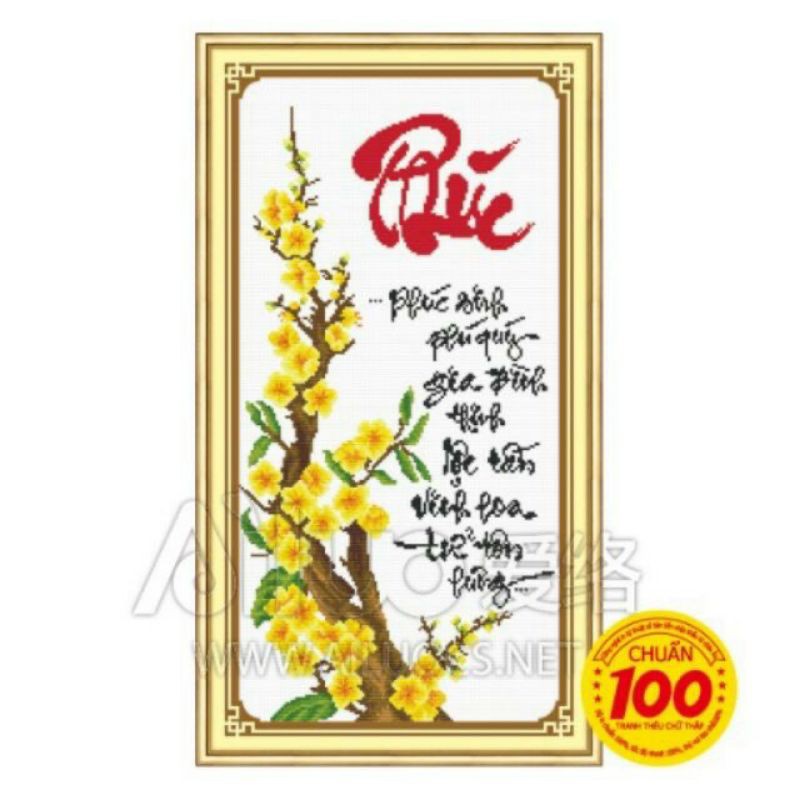 Tranh thêu chữ thập Phúc Lộc Thọ - mai vàng chưa theu.