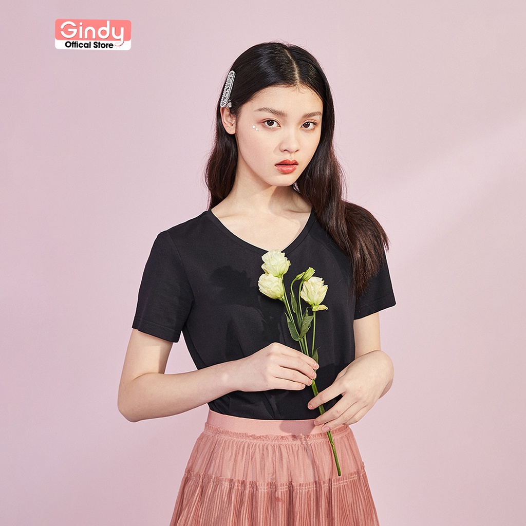 Áo thun phông cổ tim GINDY tay ngắn basic vải 100% cotton, co dãn 4 chiều thoáng mát dễ phối đồ trẻ trung HQ A9104