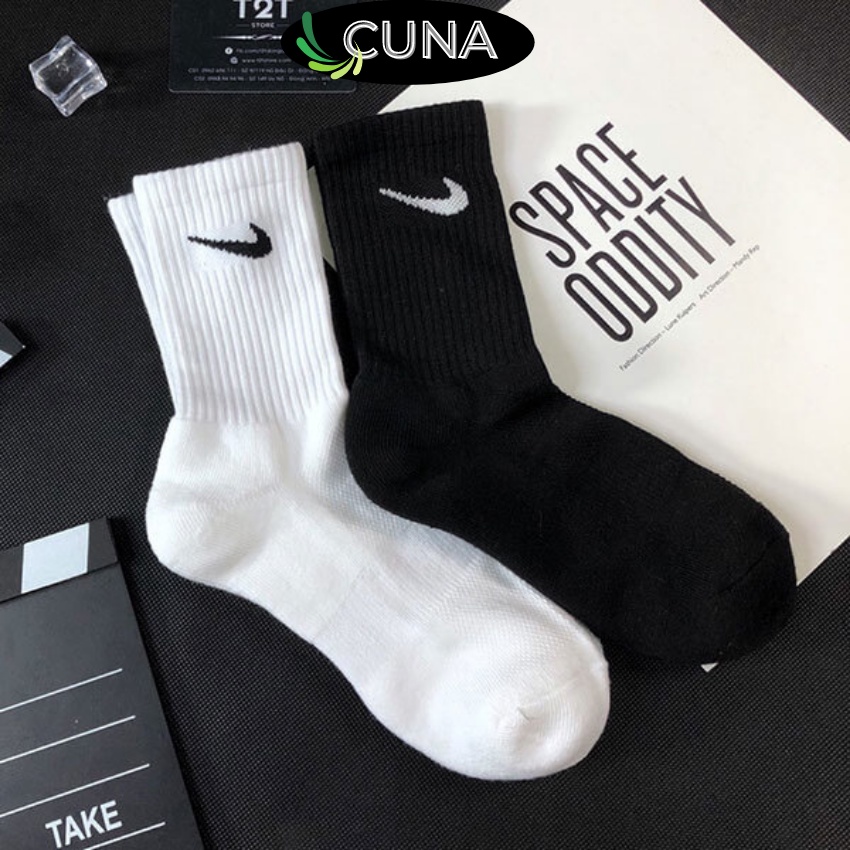 Vớ Cổ Cao CUNA Tất Nam Nữ Cao Thấp Cổ Dệt Kim Cao Cấp Unisex Màu Trắng Đen Nhún Thoáng Khí Dài Dày Thể Thao Đá Bóng NIK