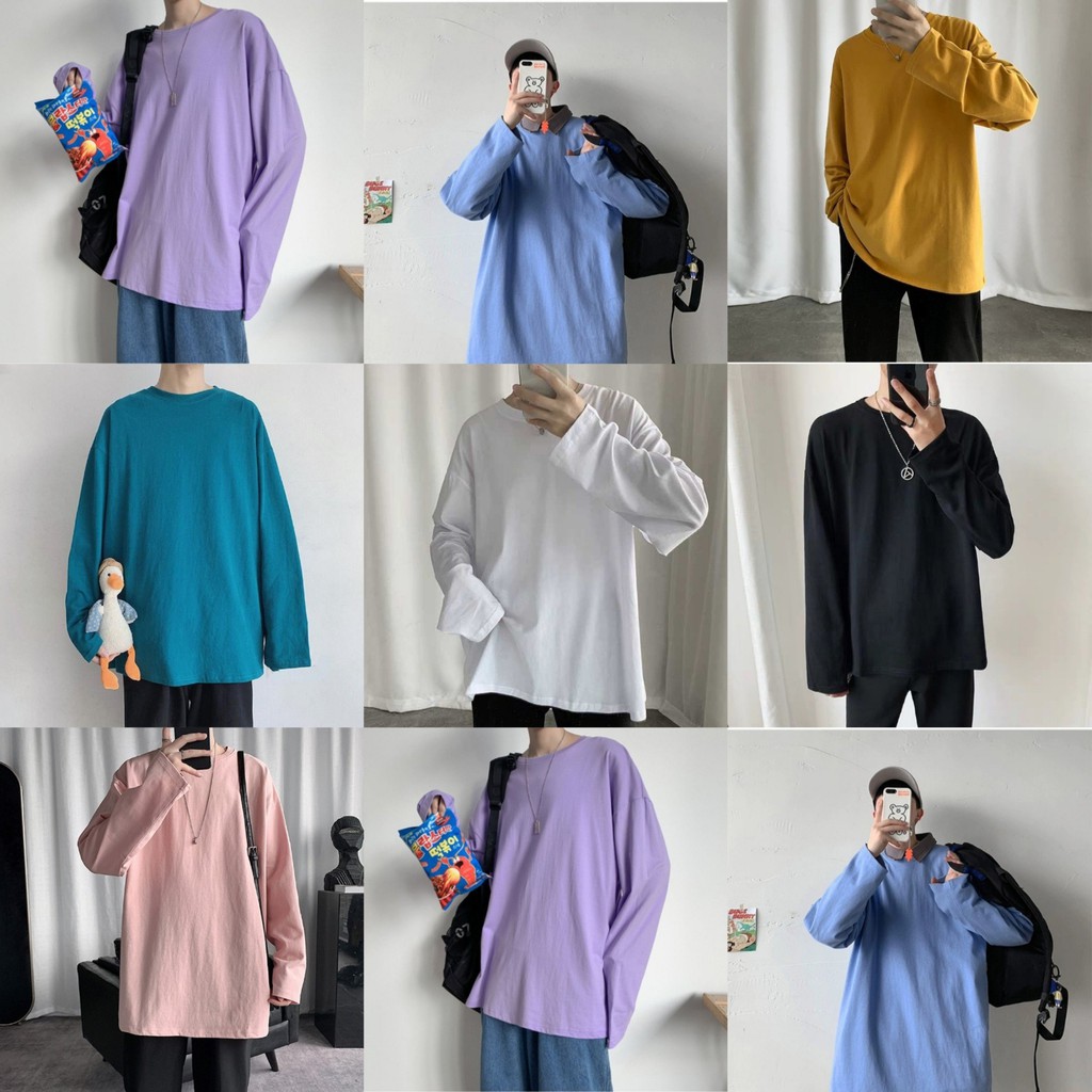 Áo thun tay dài longtee trơn unisex nam nữ, cổ tròn, form rộng xẻ tà ་