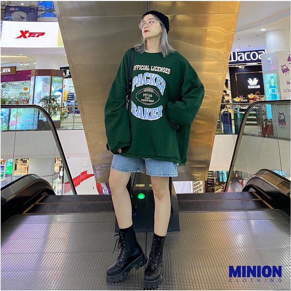 Áo Nỉ Packer Nữ MEESTORE - Sweater Dáng Rộng Tay Bồng, Hoodie In Chữ Màu Xanh Lá Hottrend Phong Cách Hàn Quốc