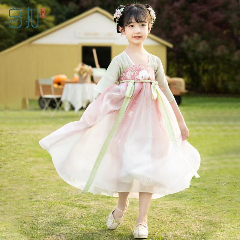 Đầm Hán Phục Tay Ngắn Phong Cách Trung Hoa Cổ Điển Chất Liệu Chiffon Thời Trang Mùa Hè Cho Bé Gái