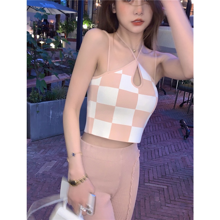 DUNEA Áo Hai Dây Kẻ Caro Quyến Rũ Hợp Thời Trang Cho Nữ