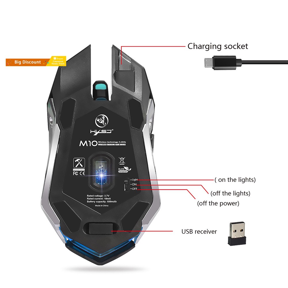 Chuột Gaming Không Dây 6 Nút 2.4g 2400dpi Có Đèn Màu