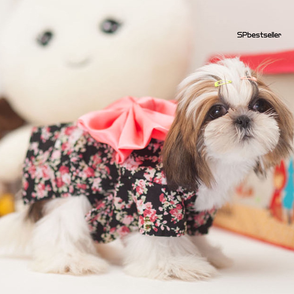 Đầm cotton hai lớp đính nơ in họa tiết hoa xinh xắn dành cho cún cưng