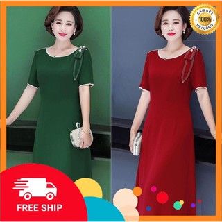 Đầm dự tiệc trung niên - Đầm suông cổ tròn đính nơ vai