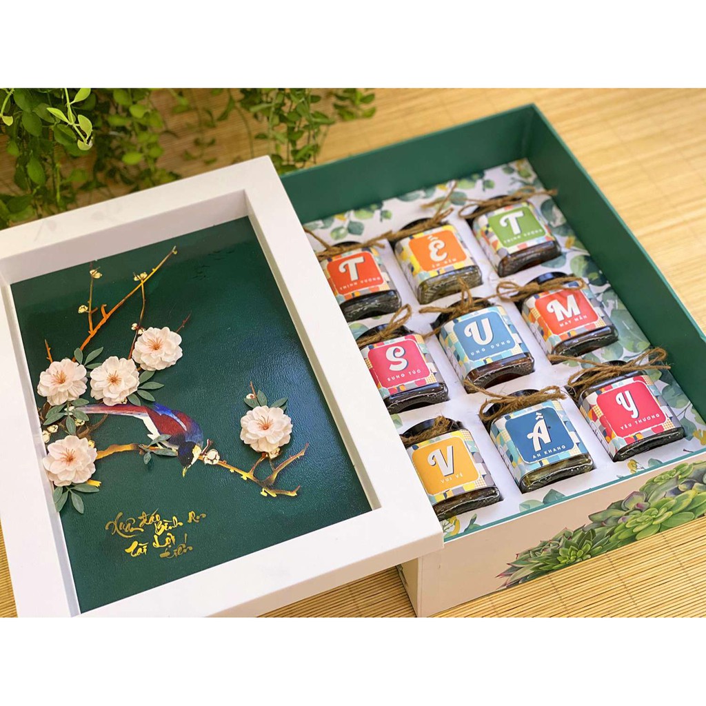 Quà Tết Xanh Ikachi Chữ Nhật Thân Xanh Tết Sum Vầy_Hộp Quà Cao Cấp Kết Hợp Tranh In 3D Treo Tường Sa