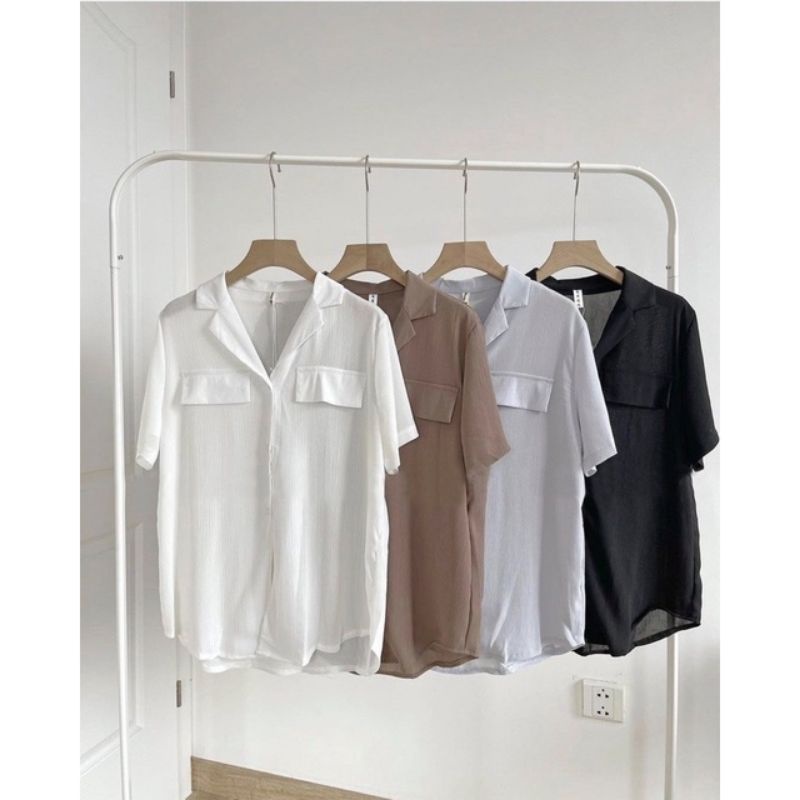 Áo sơ mi cổ vest cộc tay nữ - áo sơ mi công sở chất vải gân hàng quảng châu-2630