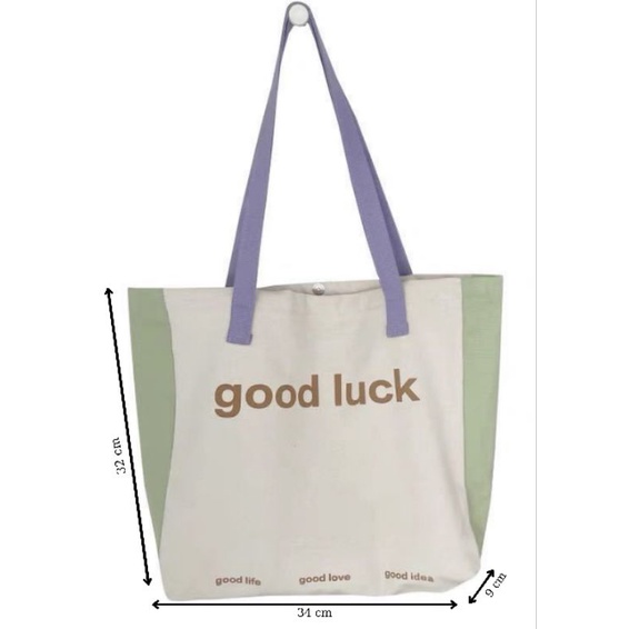 Túi tote đeo vai in chữ good luck nút bấm kèm túi con phối 3 màu TP37 | tiemtuitotebypat