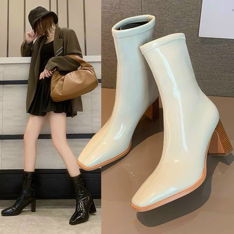 (HÀNG LOẠI 1- ẢNH THẬT) Bốt nữ cổ thấp da bóng đế giả gỗ cao cấp PunShoes.