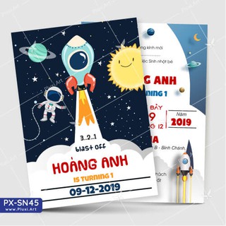 Thiệp thôi nôi –  sinh nhật chủ đề Phi Hành Gia | Thiệp Pluxi in nội dung theo yêu cầu |  PX_SN45