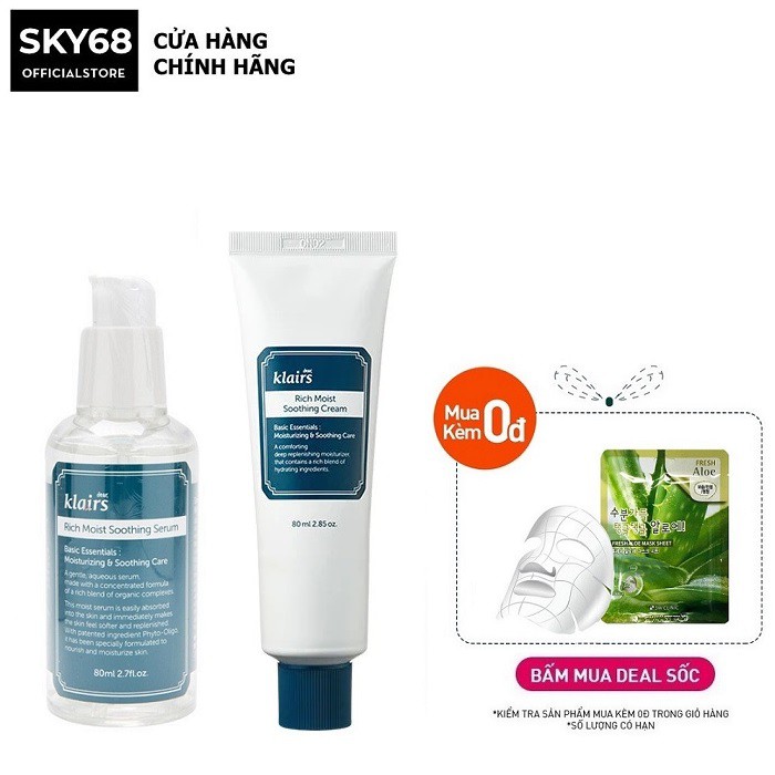 Combo 2 Sản Phẩm Cấp Ẩm, Làm Dịu Da Dear, Klairs Rich Moist Soothing (Serum 80ml + Kem 80ml)