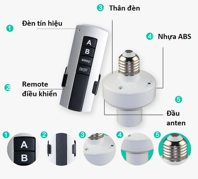 Đui đèn điều khiển từ xa không dây 2 điều khiển sóng rf 315 xuyên tường khoảng cách 30M loại đui xoáy E27