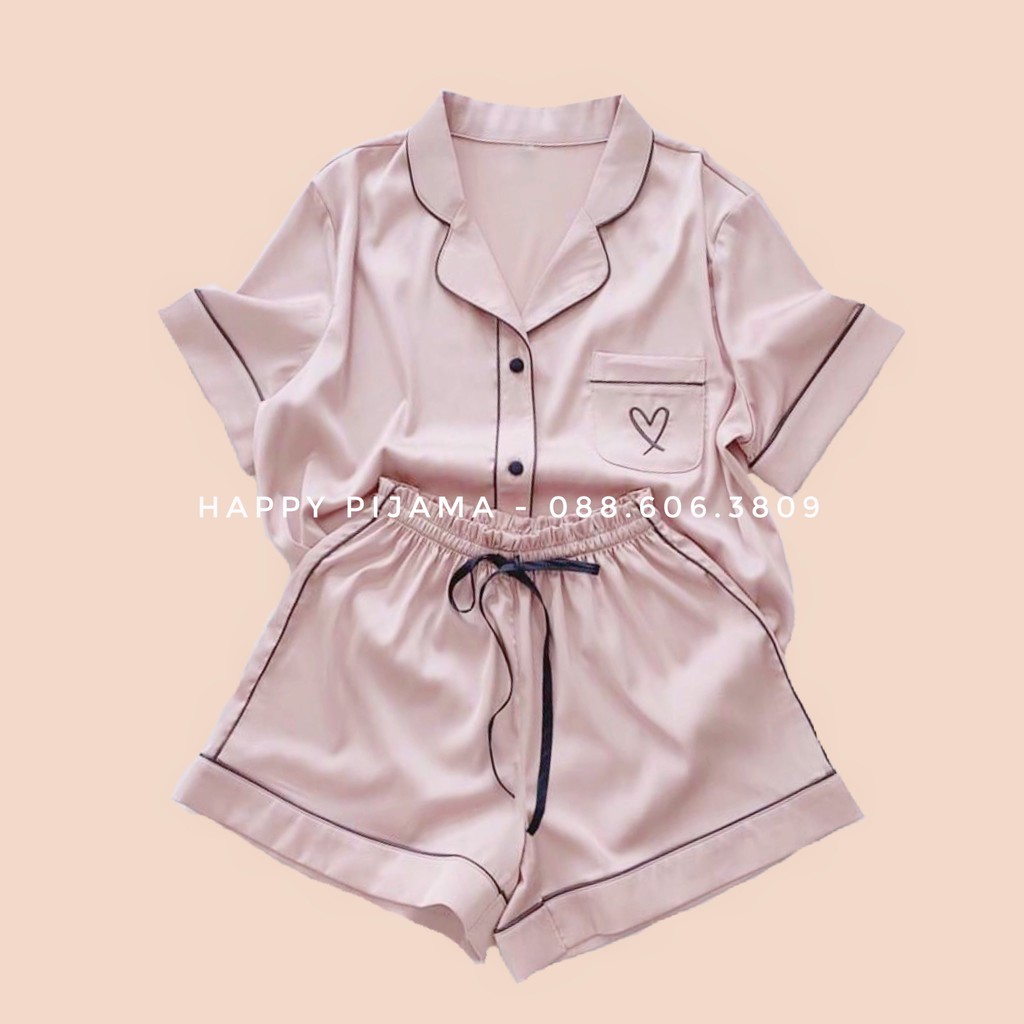 Pijama Lụa Satin Họa Tiết Thêu Trái Tim Hàng Cao Cấp