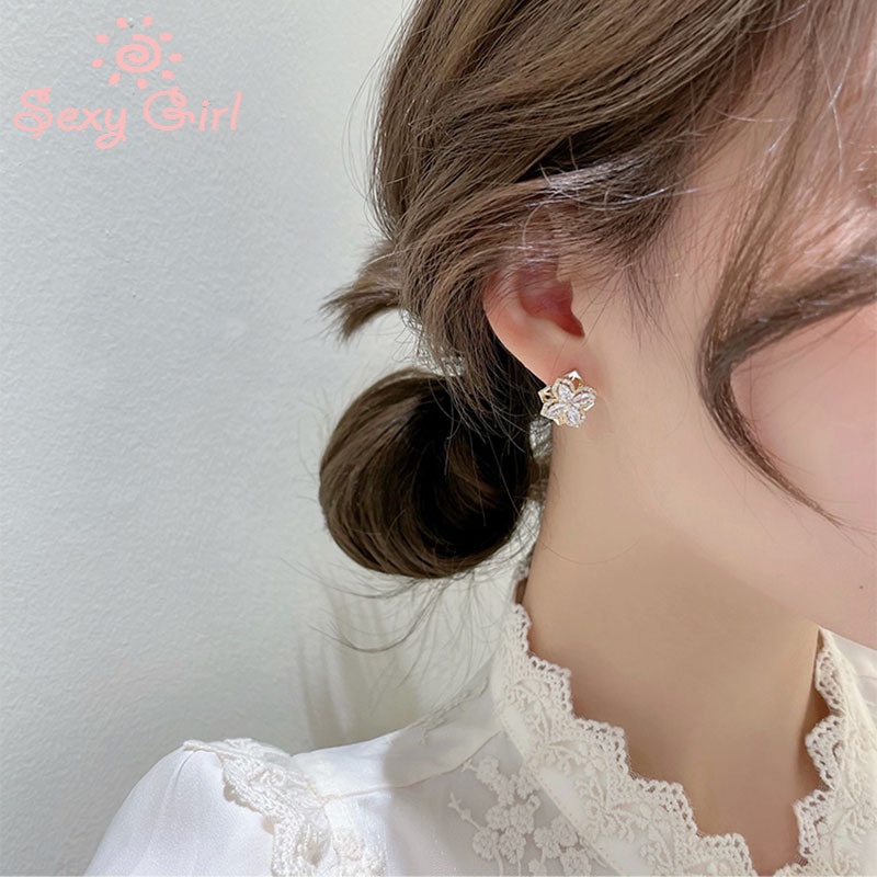 Khuyên tai bằng bạc 925 hình hoa đính đá giả đơn giản phong cách thời trang hàn quốc