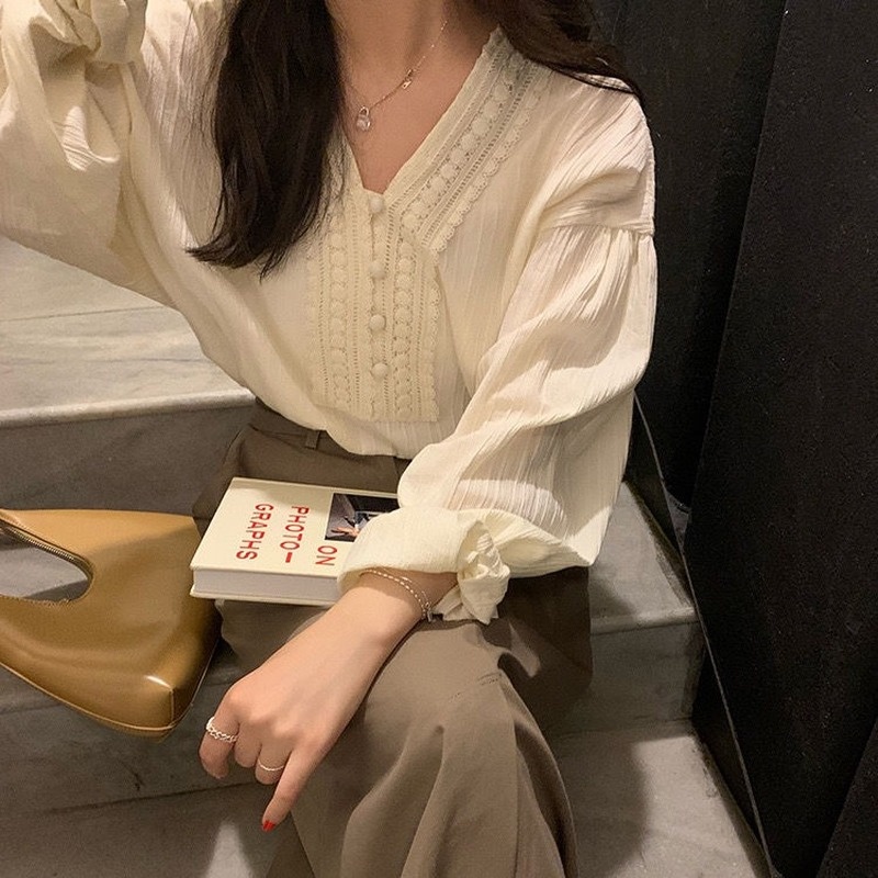 Áo Sơ Mi Tay Dài Cổ Chữ V Dáng Suông Thanh Lịch Hợp Thời Trang Phong Cách Hàn Quốc Cho Nữ