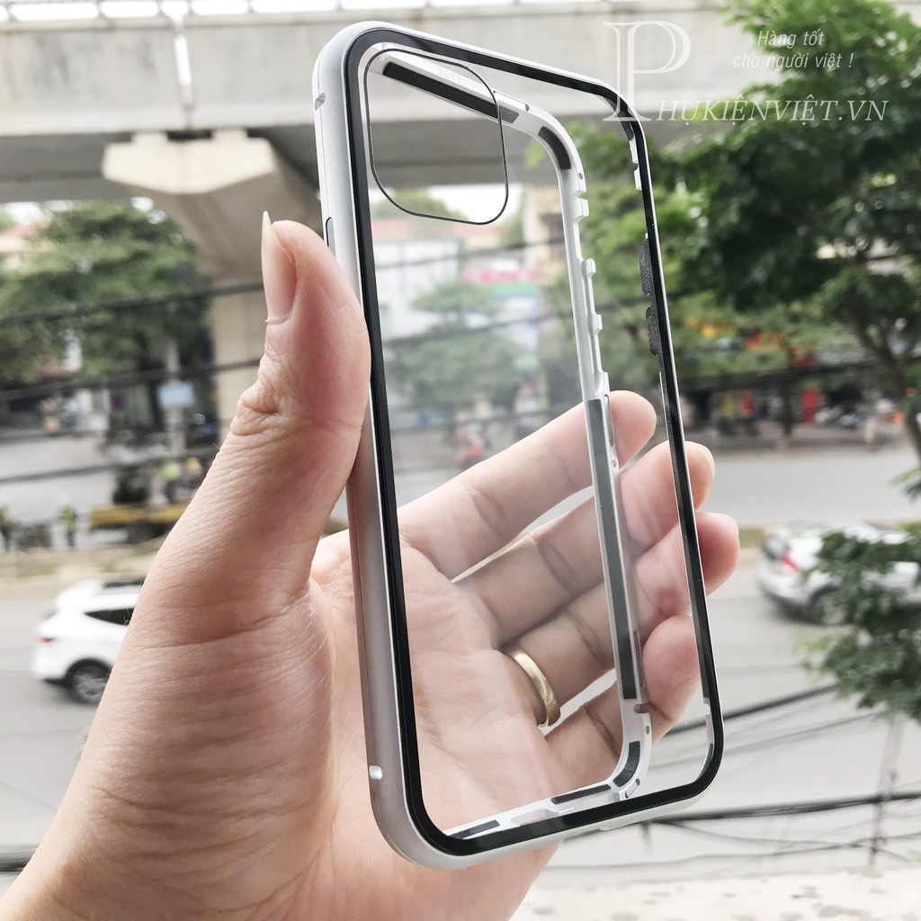 Ốp Kính Viền Kim Loại cho iPhone 11/11Pro/11Pro max/12/12mini/12Pro/12Pro max