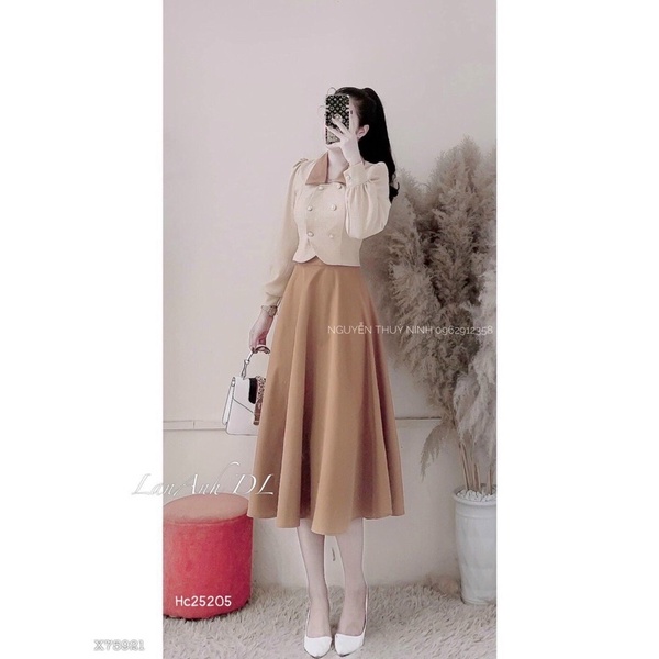 H1-Set áo cổ phối và chân váy xoè