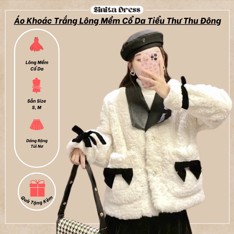 Áo Khoác Lông Mềm Trắng Sinita Cổ Da Túi Đính Nơ Tiểu Thư Mặc Thu Đông - Sinita ST190