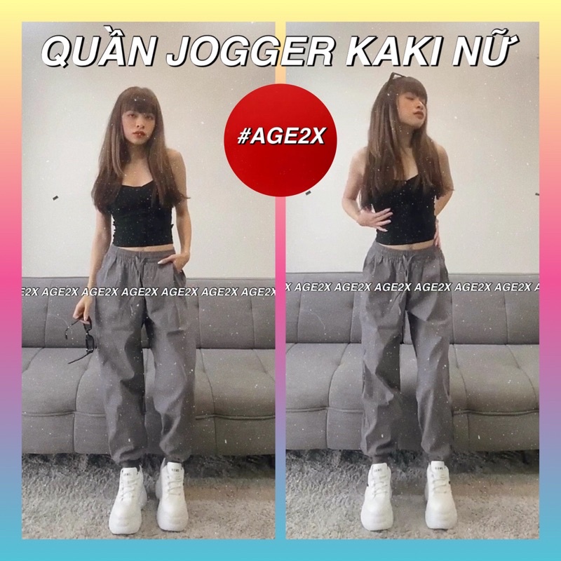 Quần Jogger Kaki nữ AGE2X co giãn tốt, chất kaki cotton wash mềm xịn, siêu thấm, siêu bền bỉ, hàng vnxk