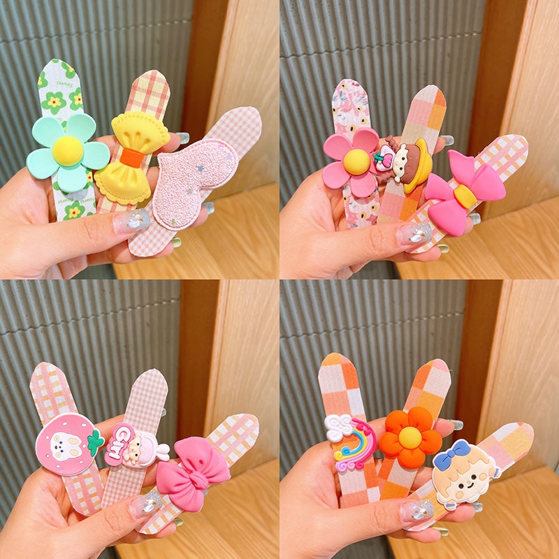 Sét 5 Miếng Dán Cố Định Tóc Gọn Gàng Chống Trượt Không Đau Cho Bé Gái, băng đô dán tóc hoa quả hoạt hình đáng yêu cho bé