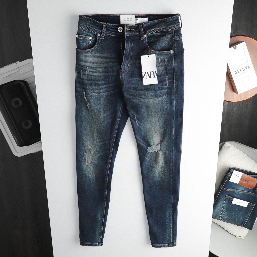 Quần jean dài nam ZR xanh dơ rách (Form Slimfit,chất vải co dãn,ống quần 15 - 18cm)-JZR211014