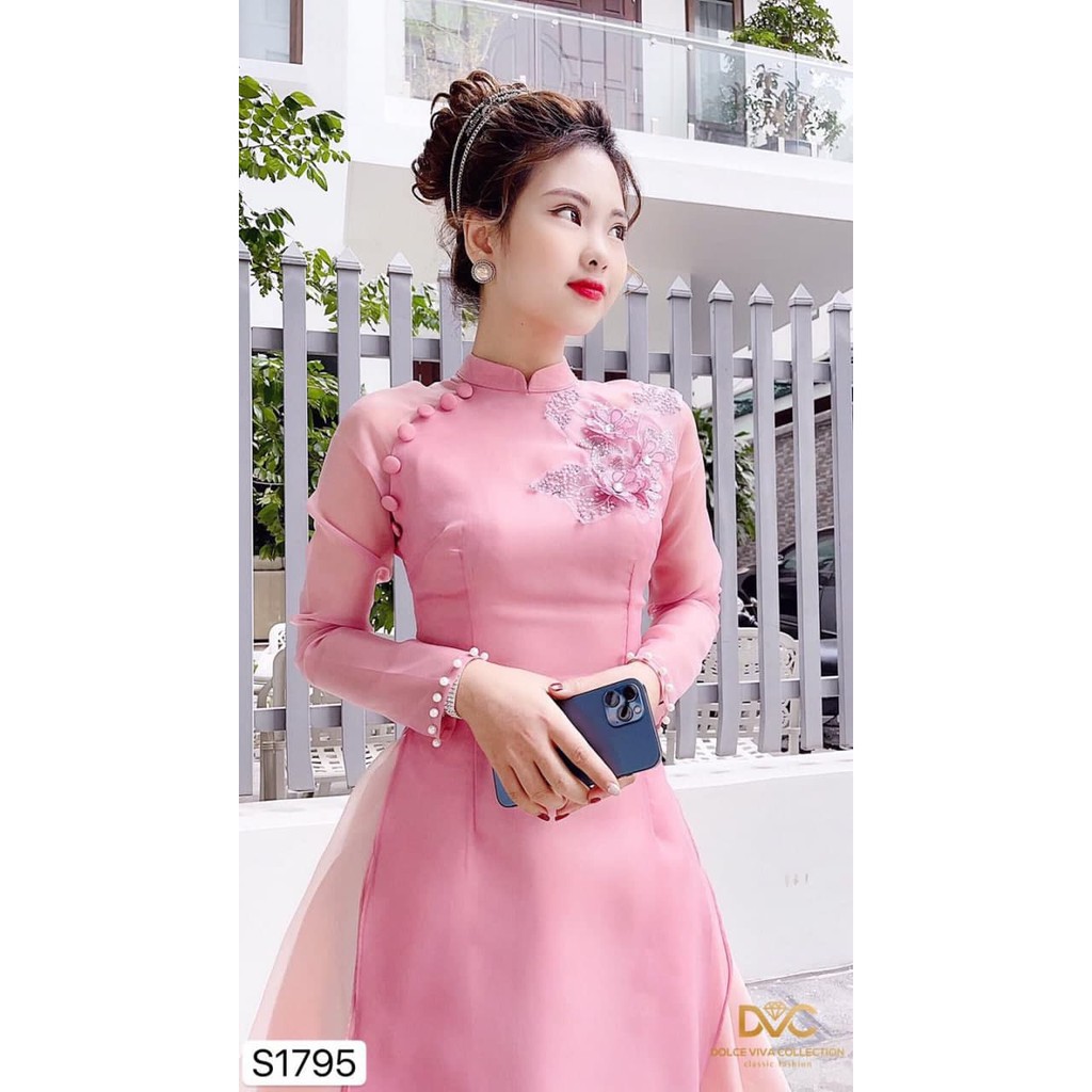 Set áo dài hoa nổi tay gắn ngọc điệu đà kết hợp chân váy nhẹ nhàng S1795_Rinny Store_Dress Design(kèm ảnh thật)