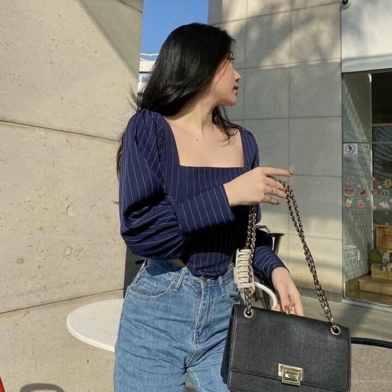 [SẴN ÁO]🦋Áo Croptop Cổ Vuông Khoét Eo Tay Dài 🦋