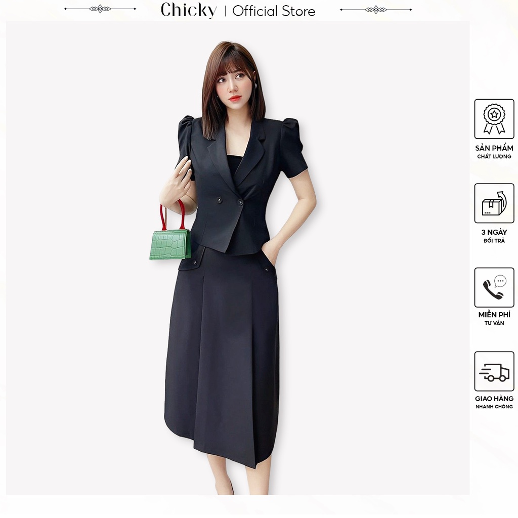 set bộ đồ nữ 3 món áo áo vet tay ngắn phồng kèm áo bra phối cùng chân váy dài sang chảnh