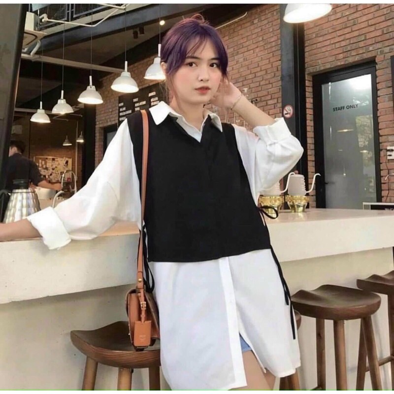Sét áo sơ mi phối gile đen dây buộc TT12