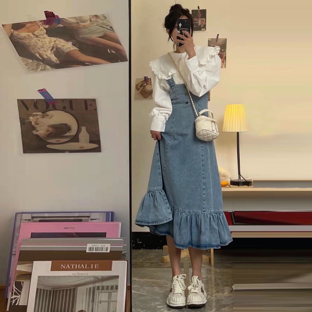 Set Áo Thun Ngắn Tay + Chân Váy Yếm denim Đuôi Cá Thời Trang Nữ