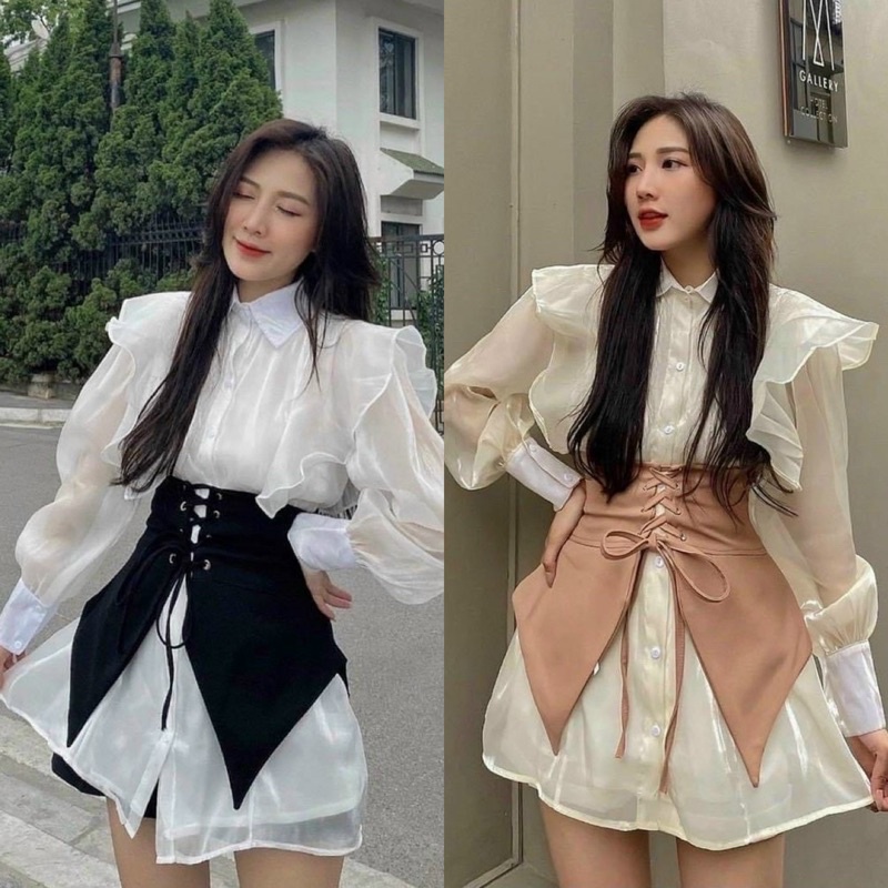 Set áo sơmi phối bèo tay dài kèm đai nịt bụng, thời trang công sở hotgirl đi chơi dự tiệc sang trọng quý phái thanh lịch