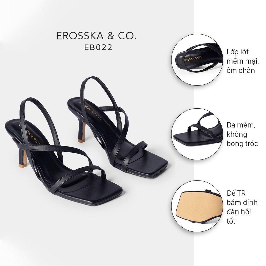 Giày sandal cao gót Erosska mũi vuông quai ngang phối dây cao 7cm màu đen - EB022